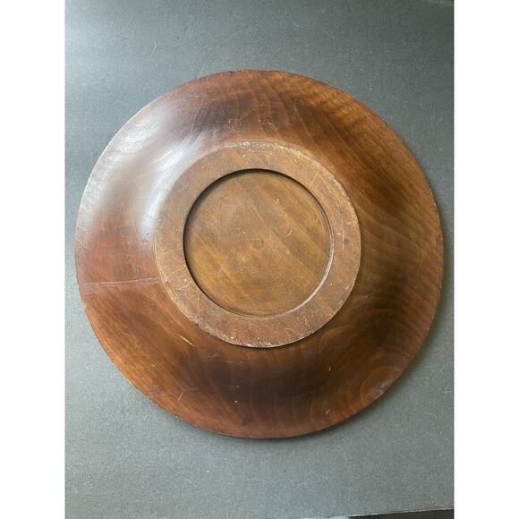 Vintage Handcarved Tray Wooden MCM Minimalist Decorative Round Brown Floral Dish - Picture 6 of 7